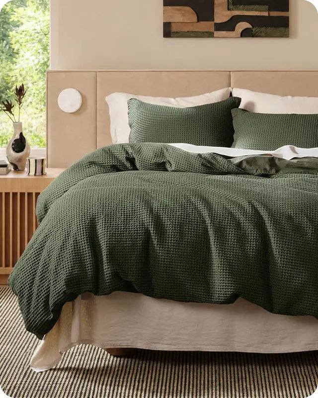 🧺 Waffle Weave Cotton Duvet Cover Set 3pcs, Wrinkle Resistant All Season Bedding