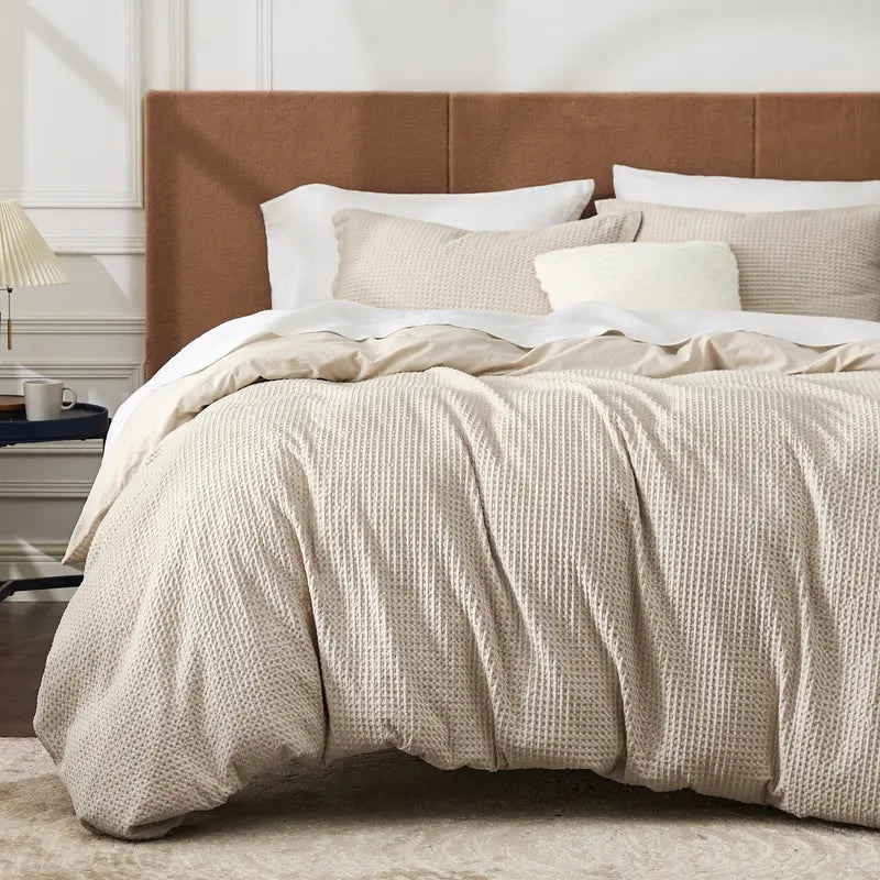 🧺 Waffle Weave Cotton Duvet Cover Set 3pcs, Wrinkle Resistant All Season Bedding