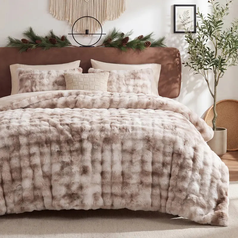 🐰 Faux Rabbit Fur Bubble Comforter Set 3pcs, Soft Jacquard Embroidery All Season Bedding