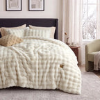 🐰 Faux Rabbit Fur Bubble Comforter Set 3pcs, Soft Jacquard Embroidery All Season Bedding