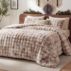 🐰 Faux Rabbit Fur Bubble Comforter Set 3pcs, Soft Jacquard Embroidery All Season Bedding