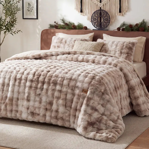 🐰 Faux Rabbit Fur Bubble Comforter Set 3pcs, Soft Jacquard Embroidery All Season Bedding