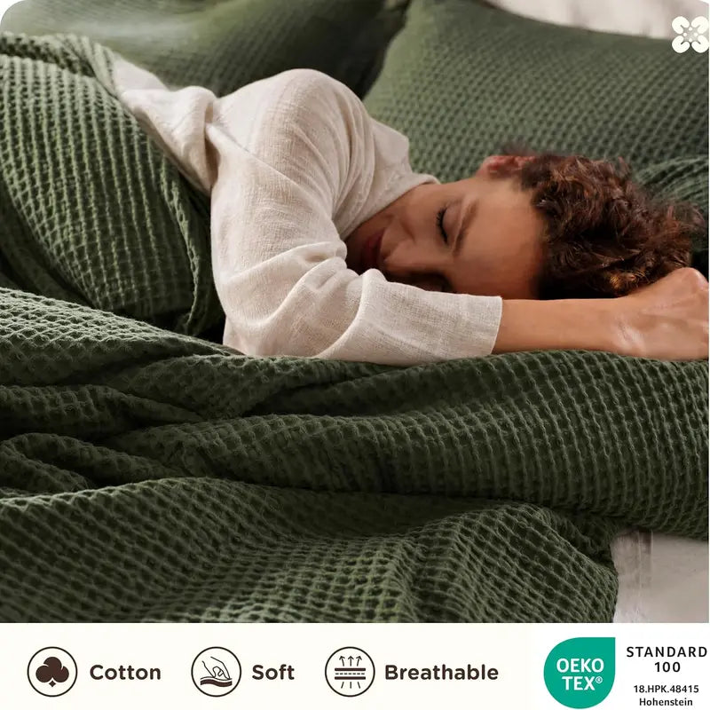 🧺 Waffle Weave Cotton Duvet Cover Set 3pcs, Wrinkle Resistant All Season Bedding