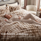 🐰 Faux Rabbit Fur Bubble Comforter Set 3pcs, Soft Jacquard Embroidery All Season Bedding