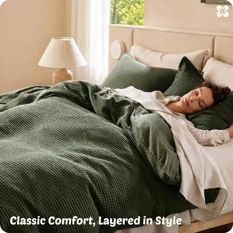 🧺 Waffle Weave Cotton Duvet Cover Set 3pcs, Wrinkle Resistant All Season Bedding
