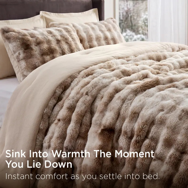 🐰 Faux Rabbit Fur Bubble Comforter Set 3pcs, Soft Jacquard Embroidery All Season Bedding