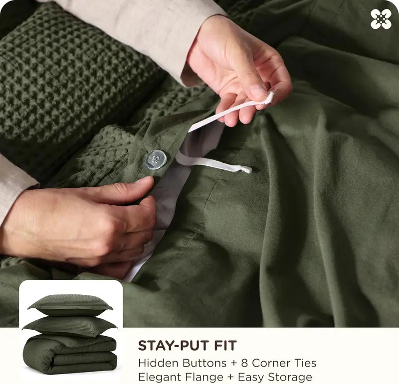🧺 Waffle Weave Cotton Duvet Cover Set 3pcs, Wrinkle Resistant All Season Bedding