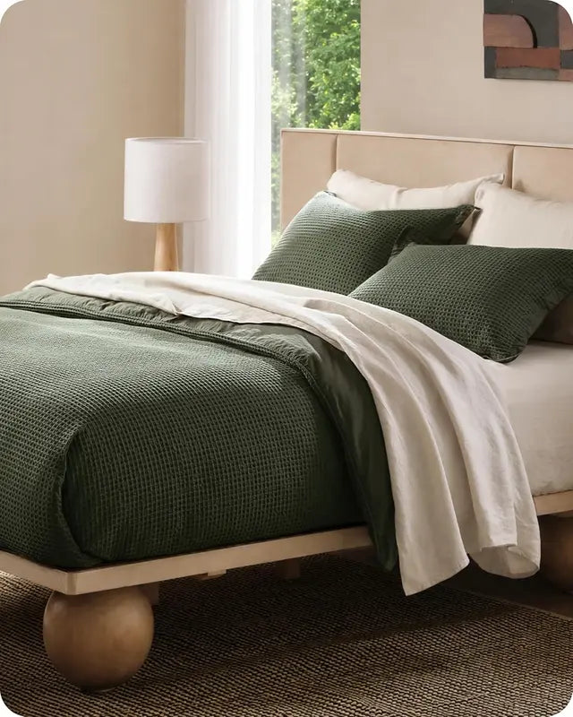 🧺 Waffle Weave Cotton Duvet Cover Set 3pcs, Wrinkle Resistant All Season Bedding