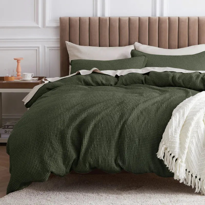 🧺 Waffle Weave Cotton Duvet Cover Set 3pcs, Wrinkle Resistant All Season Bedding